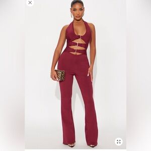 Fashion Nova Burgundy Cut-Out Jumpsuit